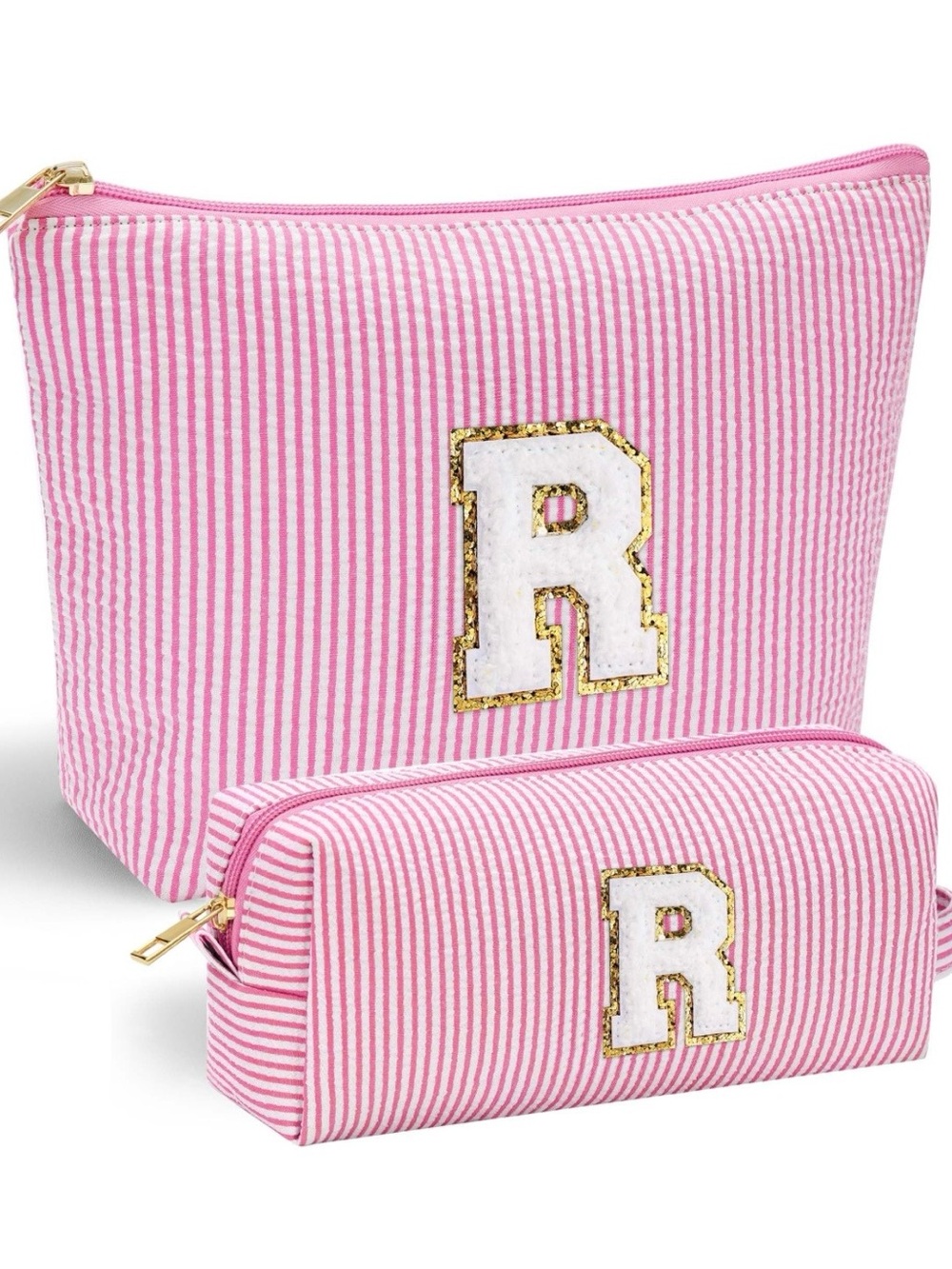 Pink Striped Cosmetic Bag Set with Gold-Trim 'R' Patch by Yoolife